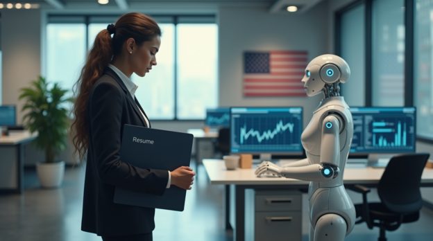 Poster with bold text stating AI is taking USA Jobs over a city skyline silhouette.